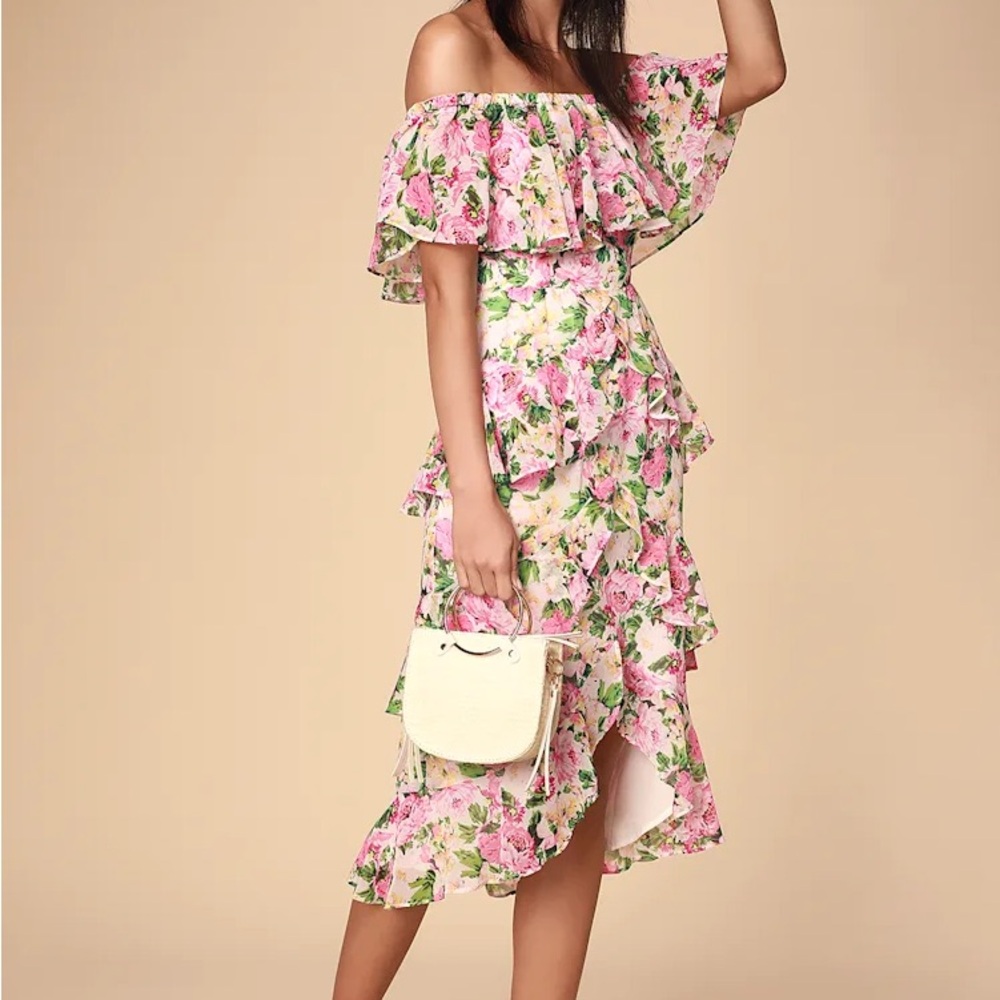 WAYF Lira White Pink Floral Off Shoulder Tiered Midi Dress M